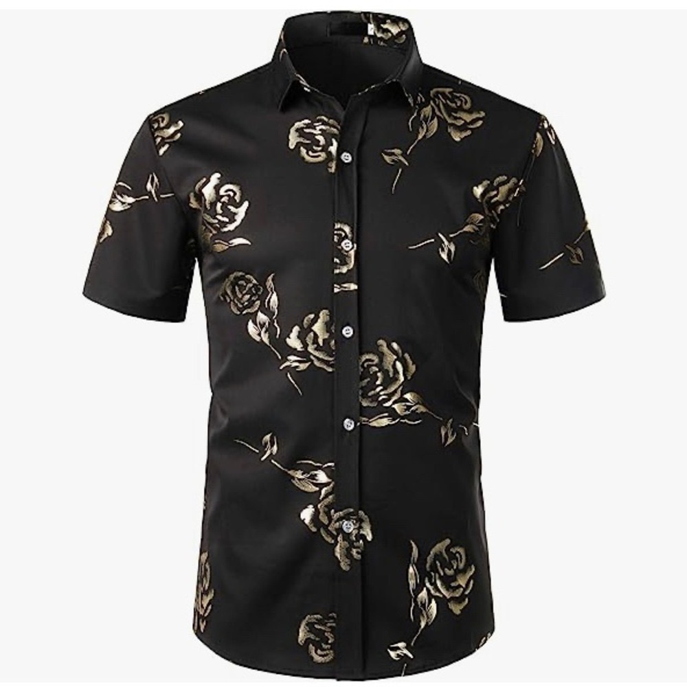 ZEROYAA Gold Rose Slim Fit Short Sleeve Button Down